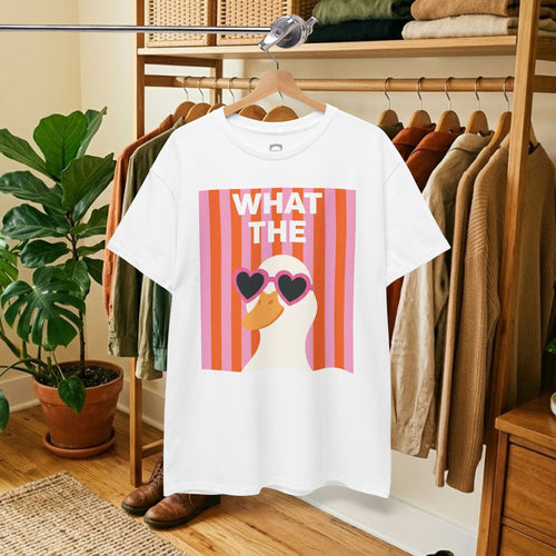 White cotton graphic tee with 'WHAT THE' retro heart sunglasses print