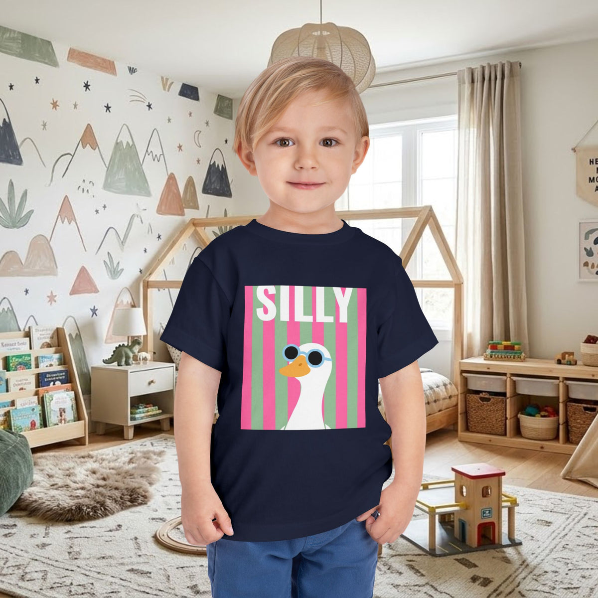 Toddler graphic tee in navy with colorful “SILLY” sunglasses duck front print