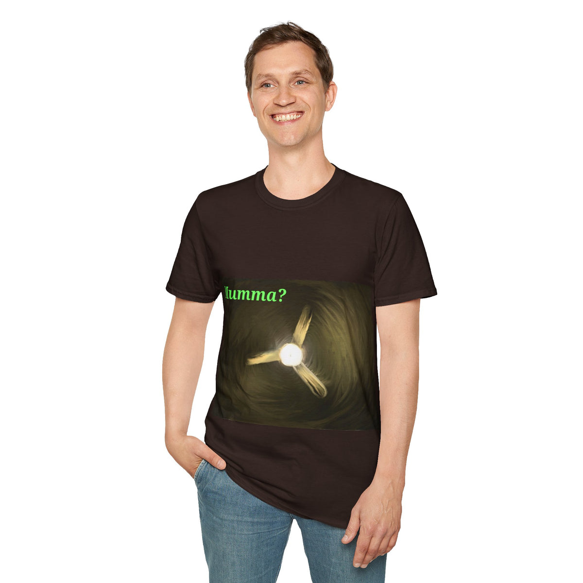 Dark brown ceiling fan graphic T-shirt with green "Mumma?" text and glowing fan artwork