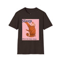 Dark brown baby graphic t-shirt with 'Sleep' sleeping infant illustration on pink panel