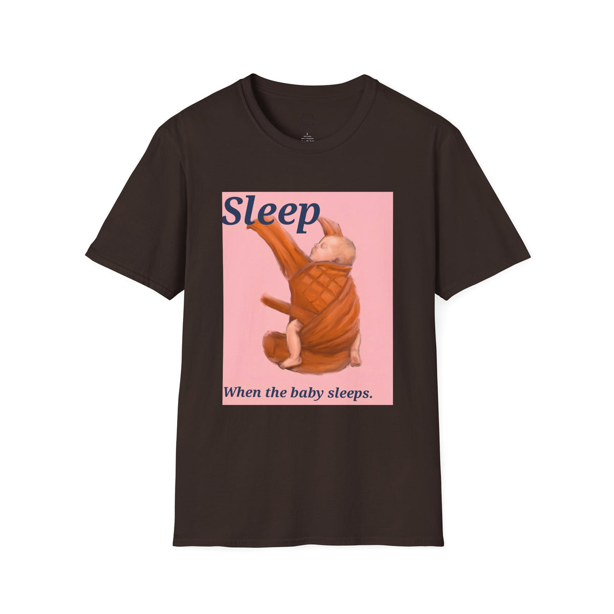 Dark brown baby graphic t-shirt with 'Sleep' sleeping infant illustration on pink panel