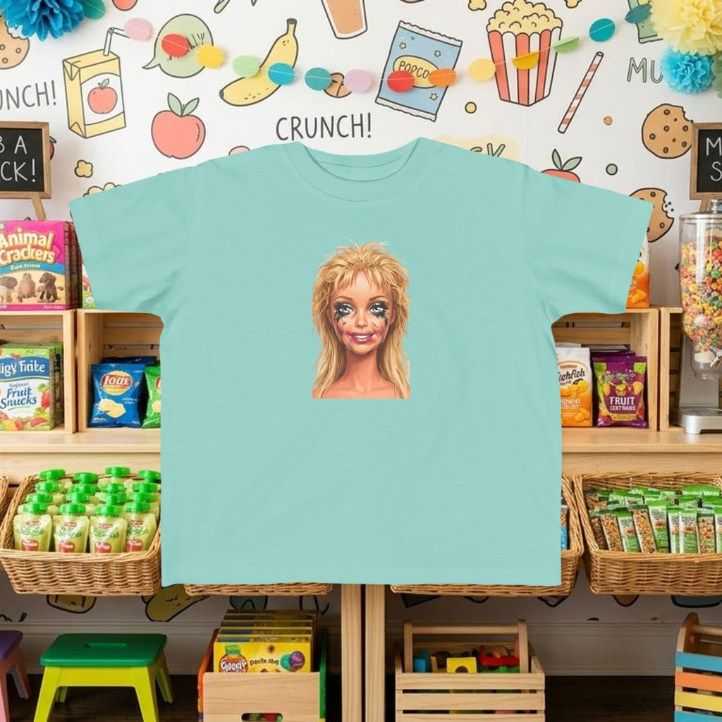 Light blue toddler tee with smudged doll face graphic print on front