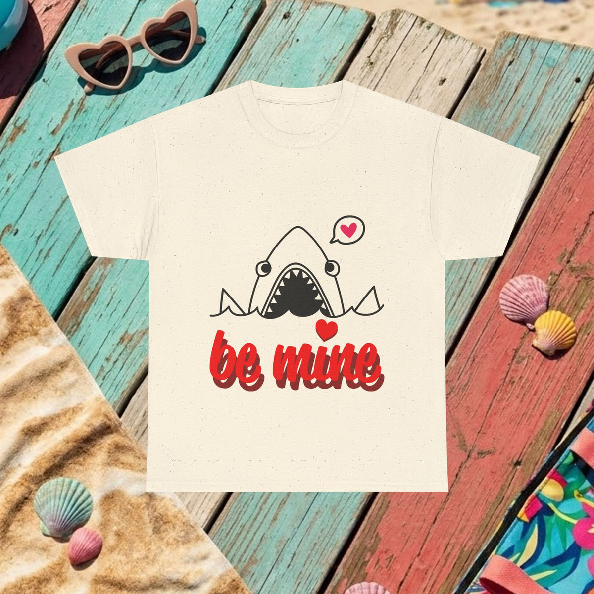 Natural T-shirt with shark graphic and red 'be mine' lettering