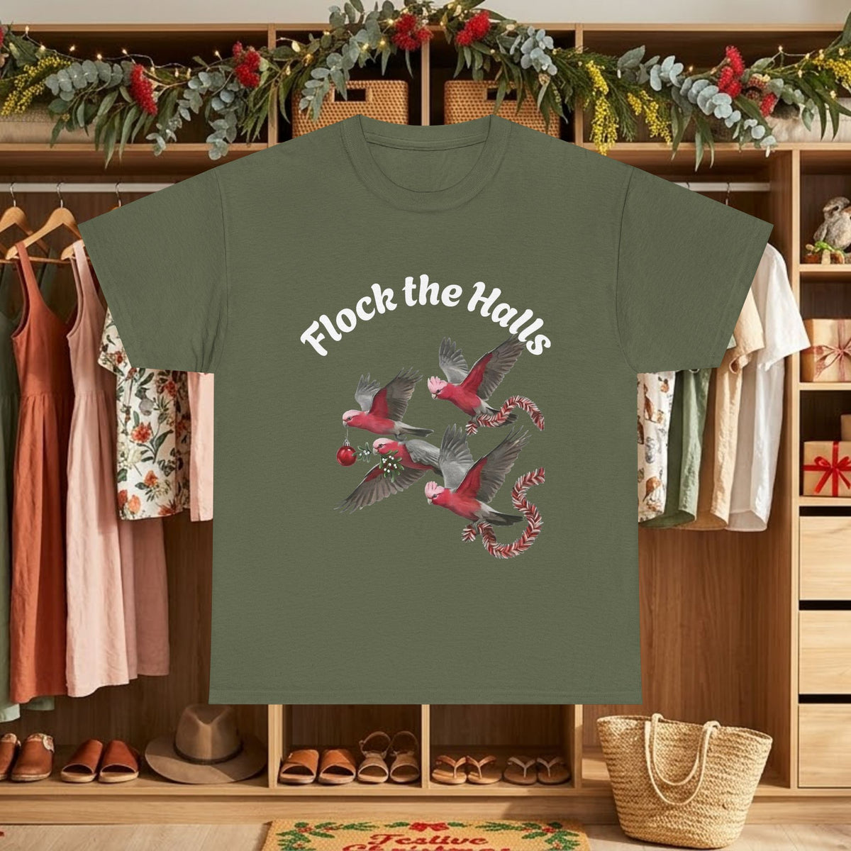 Military green Christmas cardinals graphic t-shirt with “Flock the Halls” text and birds