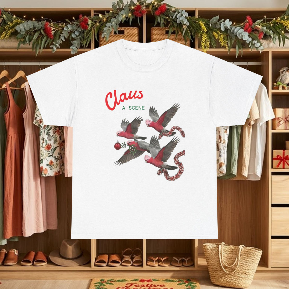 White Christmas graphic tee with “Claus” text and red flying bird scene