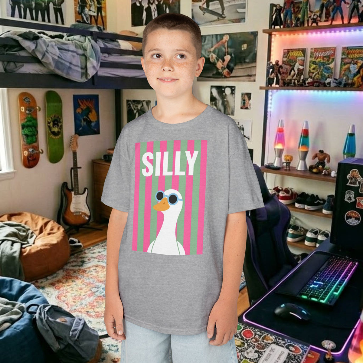 Kids heather gray t-shirt with colorful “SILLY” duck graphic on the front