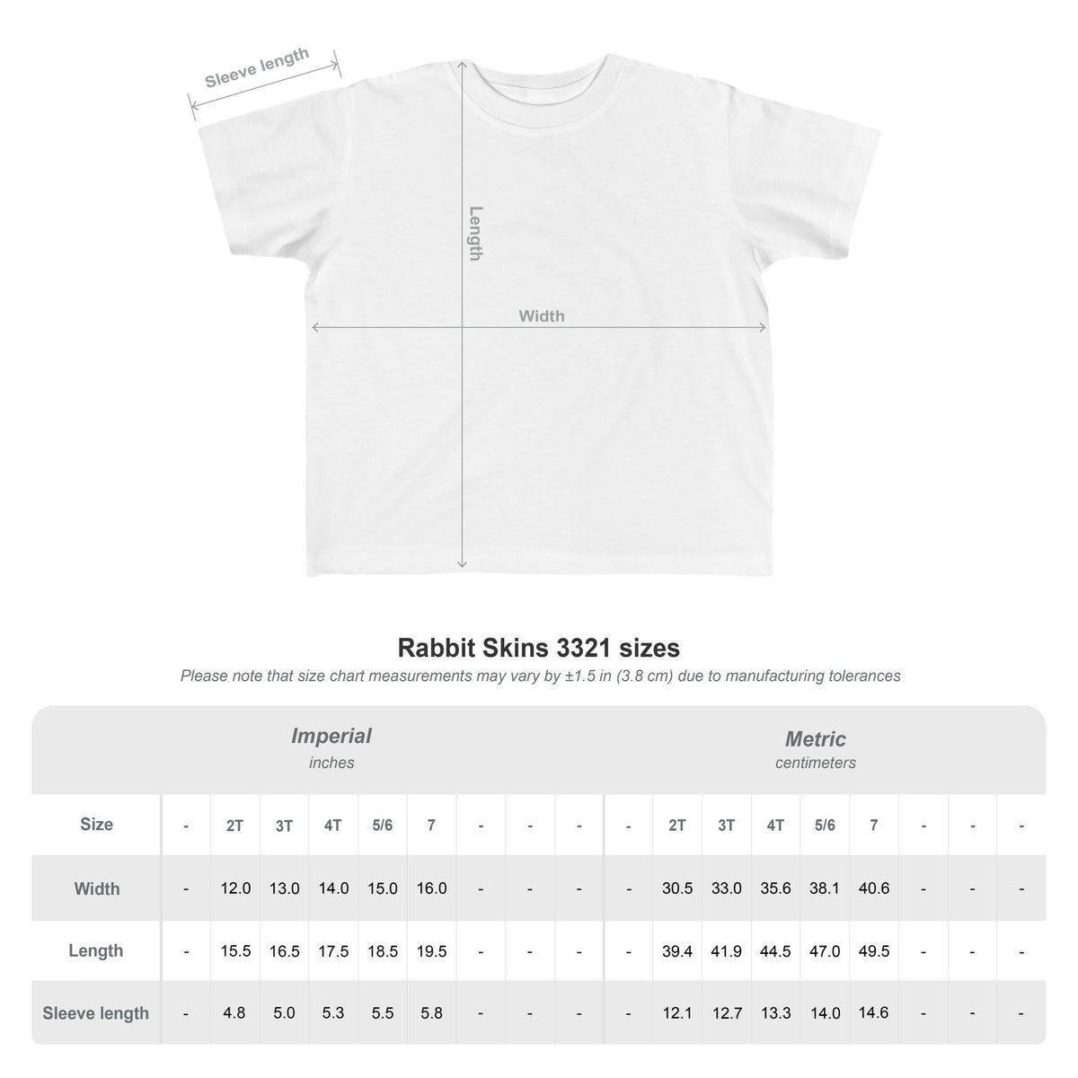 White toddler T-shirt flat lay with measurement chart beneath