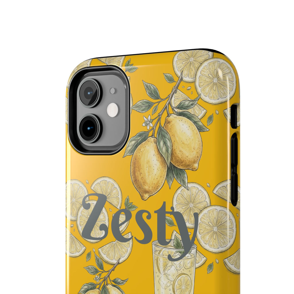 Yellow tough phone case with zesty lemon, citrus slices, and bottle graphic