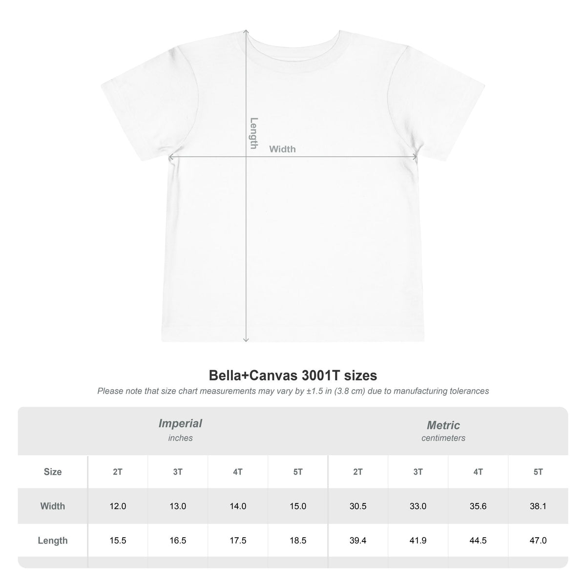 White toddler tee sizing chart for Bella+Canvas 3001T (inches and metric)