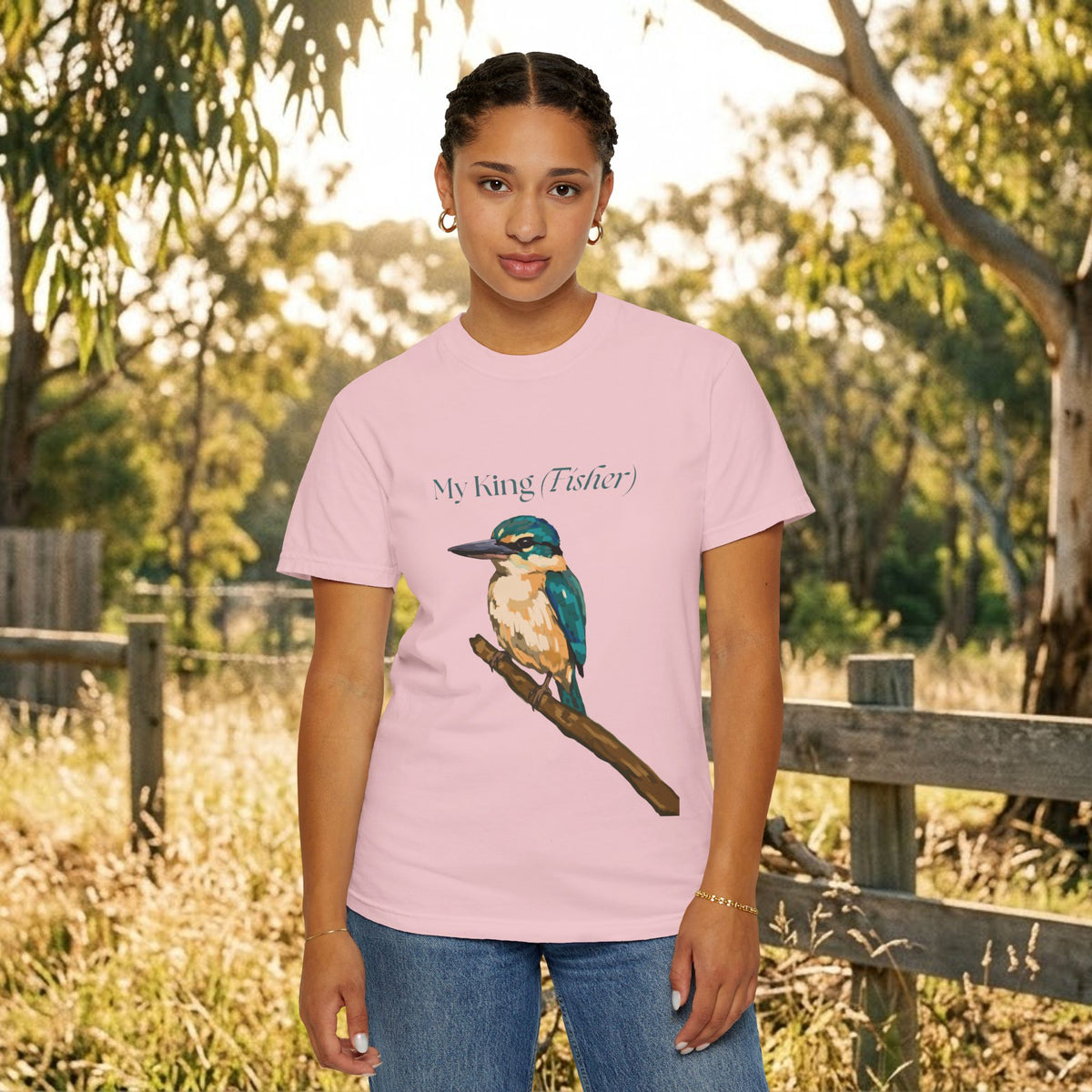 Pink kingfisher graphic t-shirt on model, front view