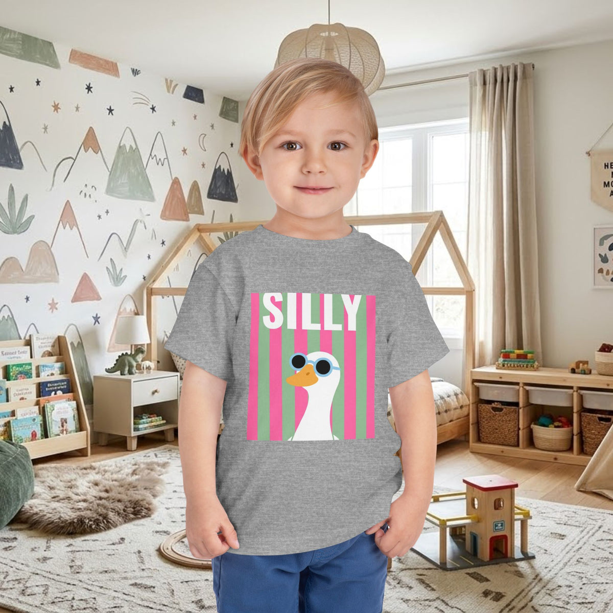 Heather gray toddler T-shirt with colorful “SILLY” duck sunglasses graphic
