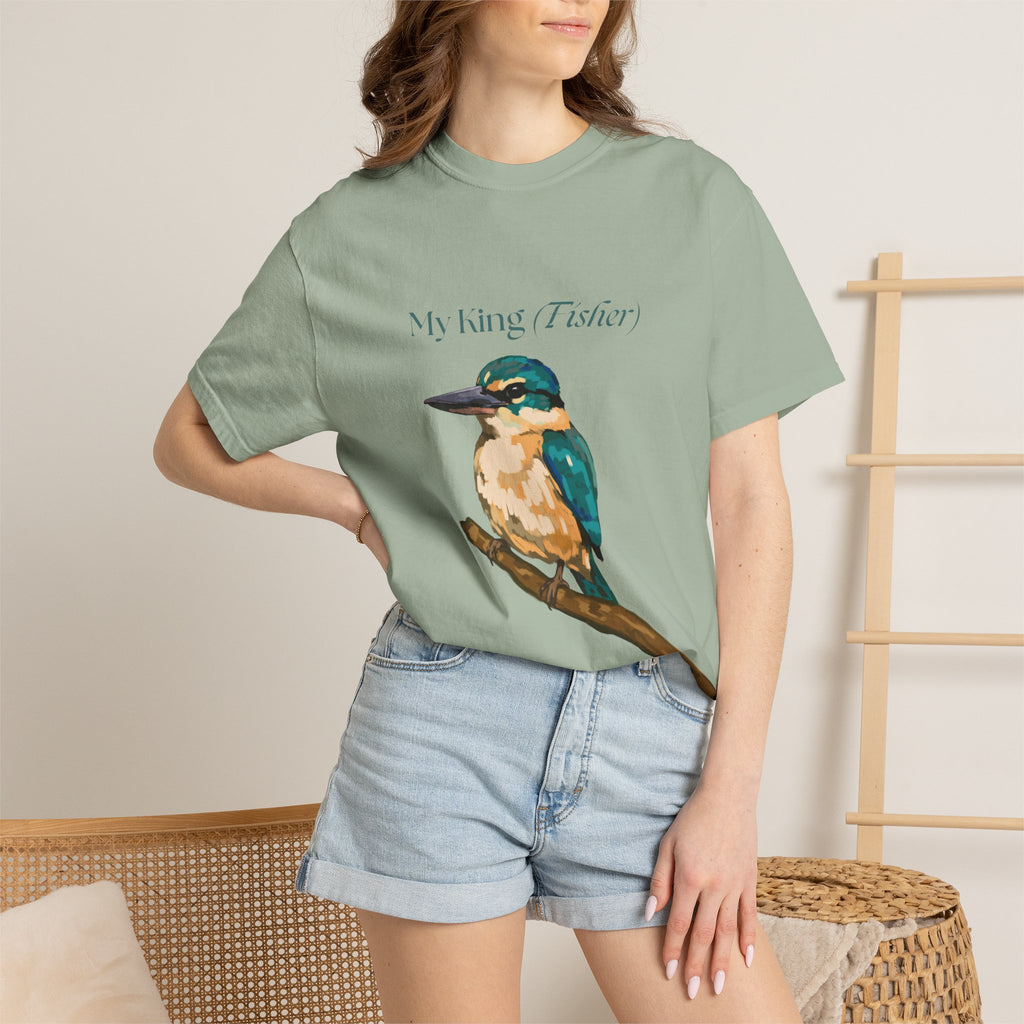 Green kingfisher graphic T-shirt on model, short sleeves and crew neckline