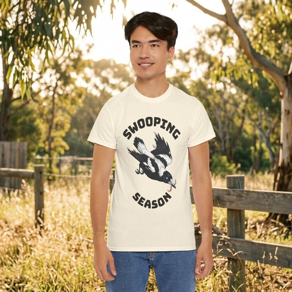Natural/cream bird graphic t-shirt with flying bird and bold stacked text