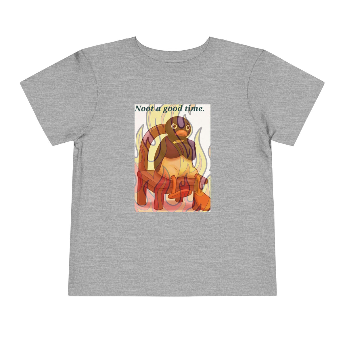 Heather gray toddler graphic tee with flaming cat and "Need a good time." text