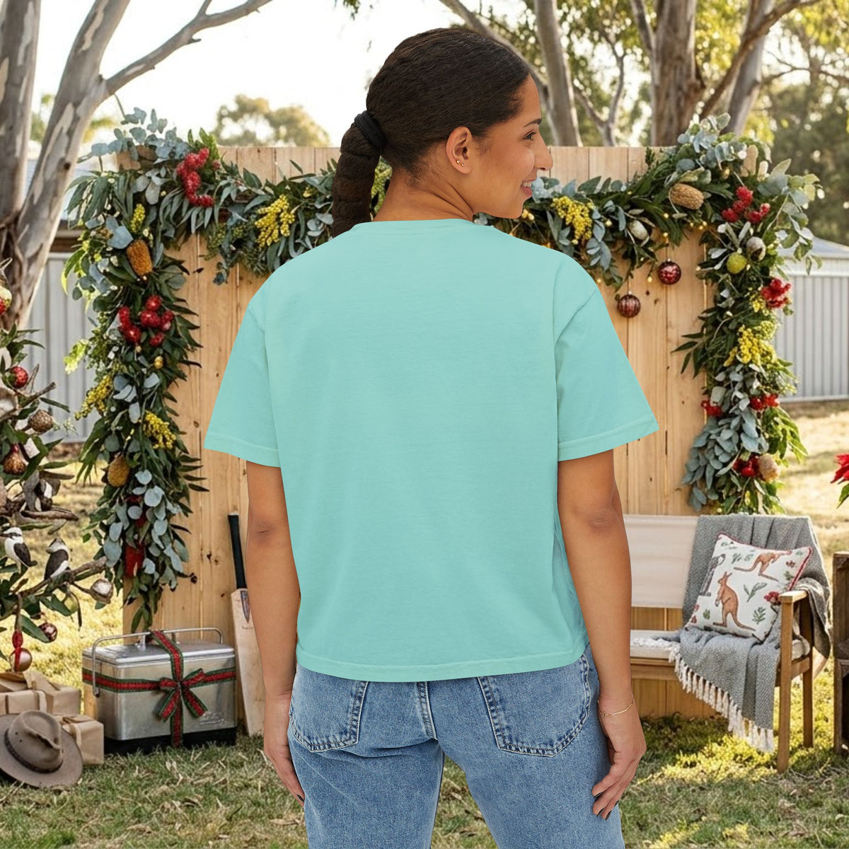 Turquoise crewneck Christmas T-shirt, short sleeves, back view