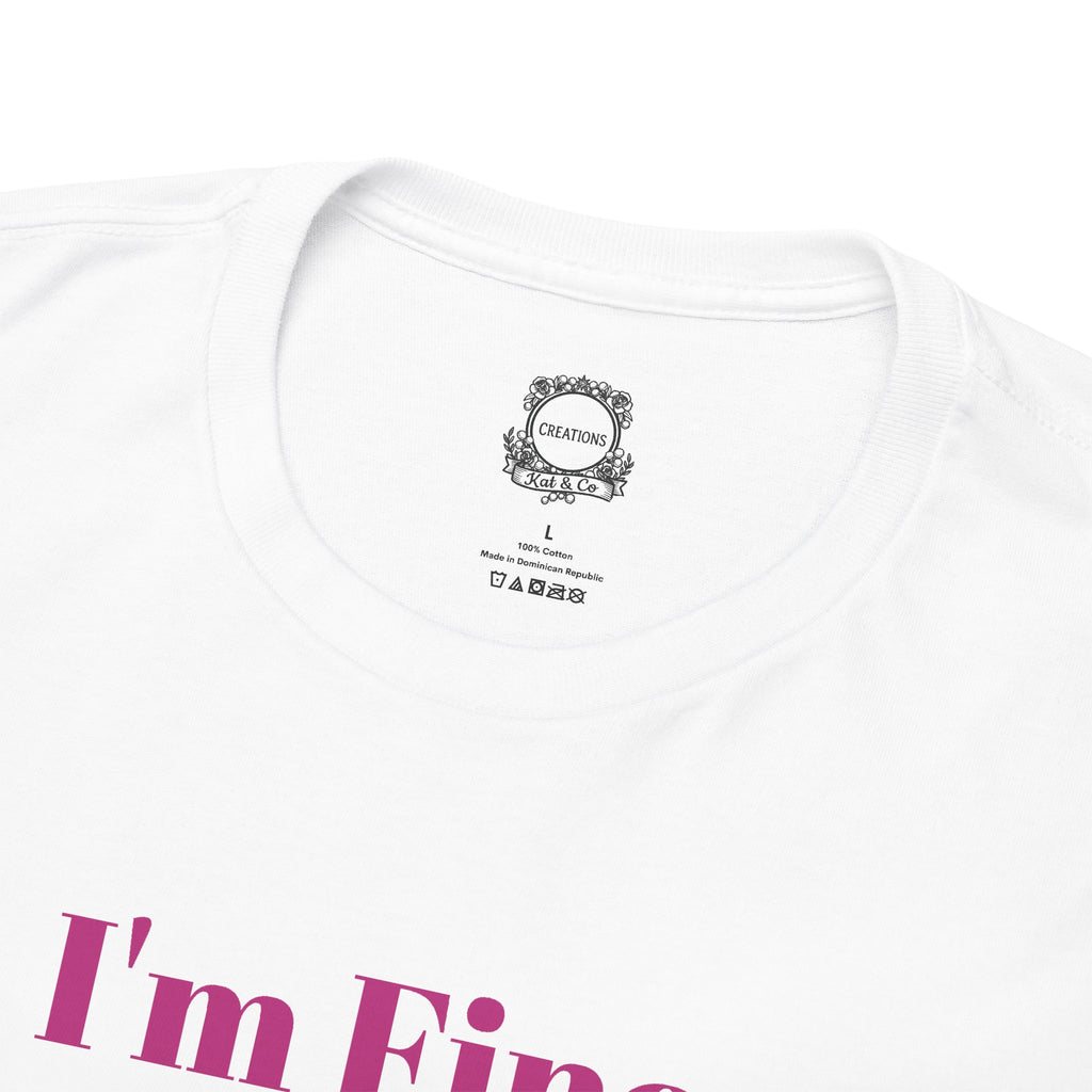 White crewneck tee with small chest logo and size marking on collar area