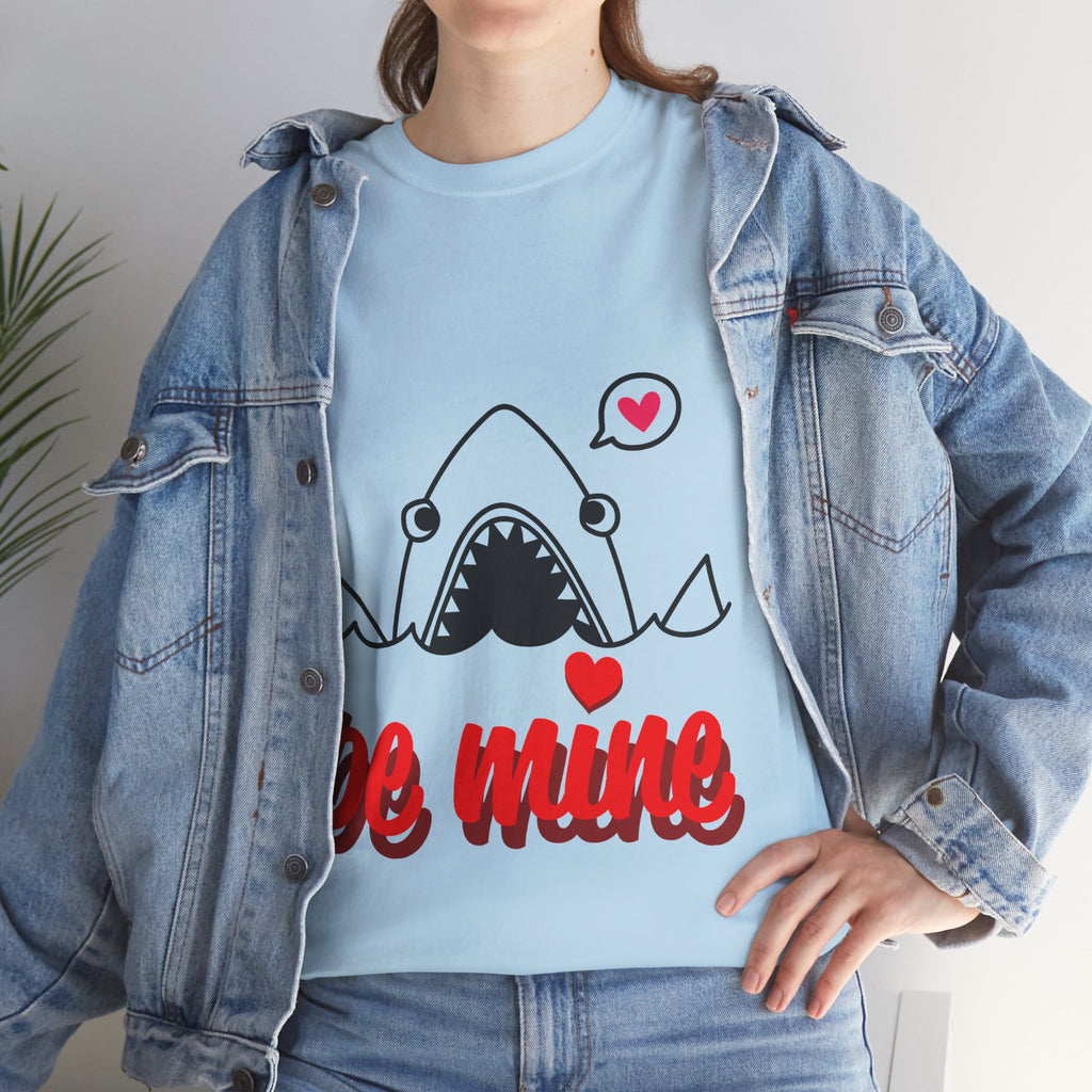 Light blue crewneck t-shirt with shark illustration and red “be mine” text