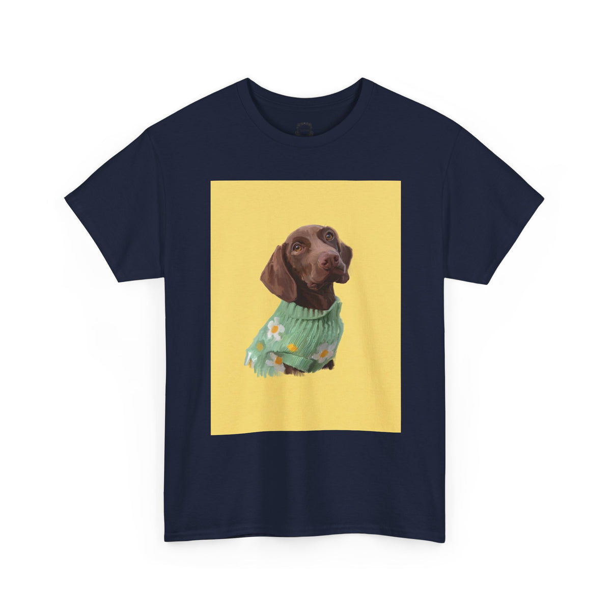 Navy crew-neck pet portrait T-shirt with dog artwork centered on the chest