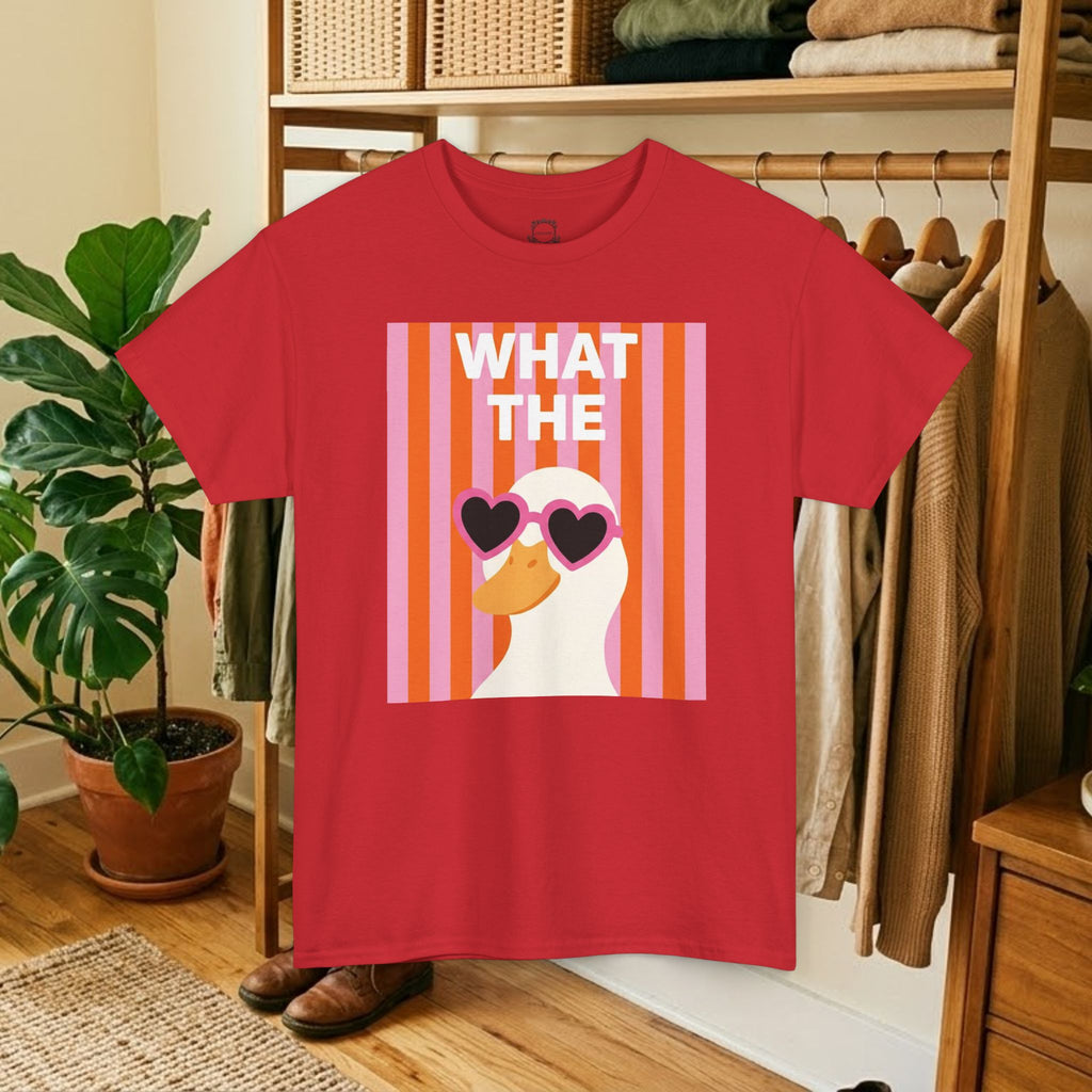 Red unisex crewneck T-shirt with “WHAT THE” heart sunglasses graphic square