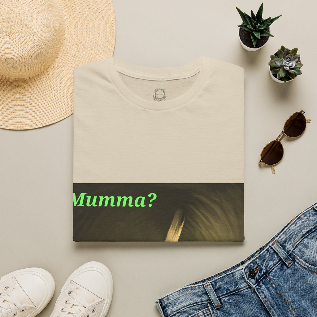 Light beige crew-neck T-shirt with ceiling fan artwork and green 'Mumma?' print