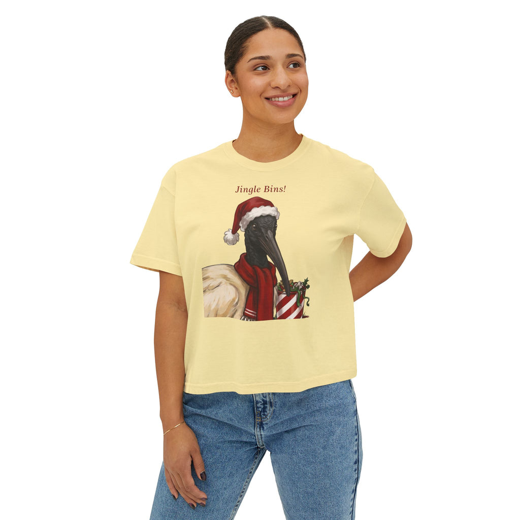 Butter yellow crewneck T-shirt with front “Jingle Bins!” crow in Santa hat illustration
