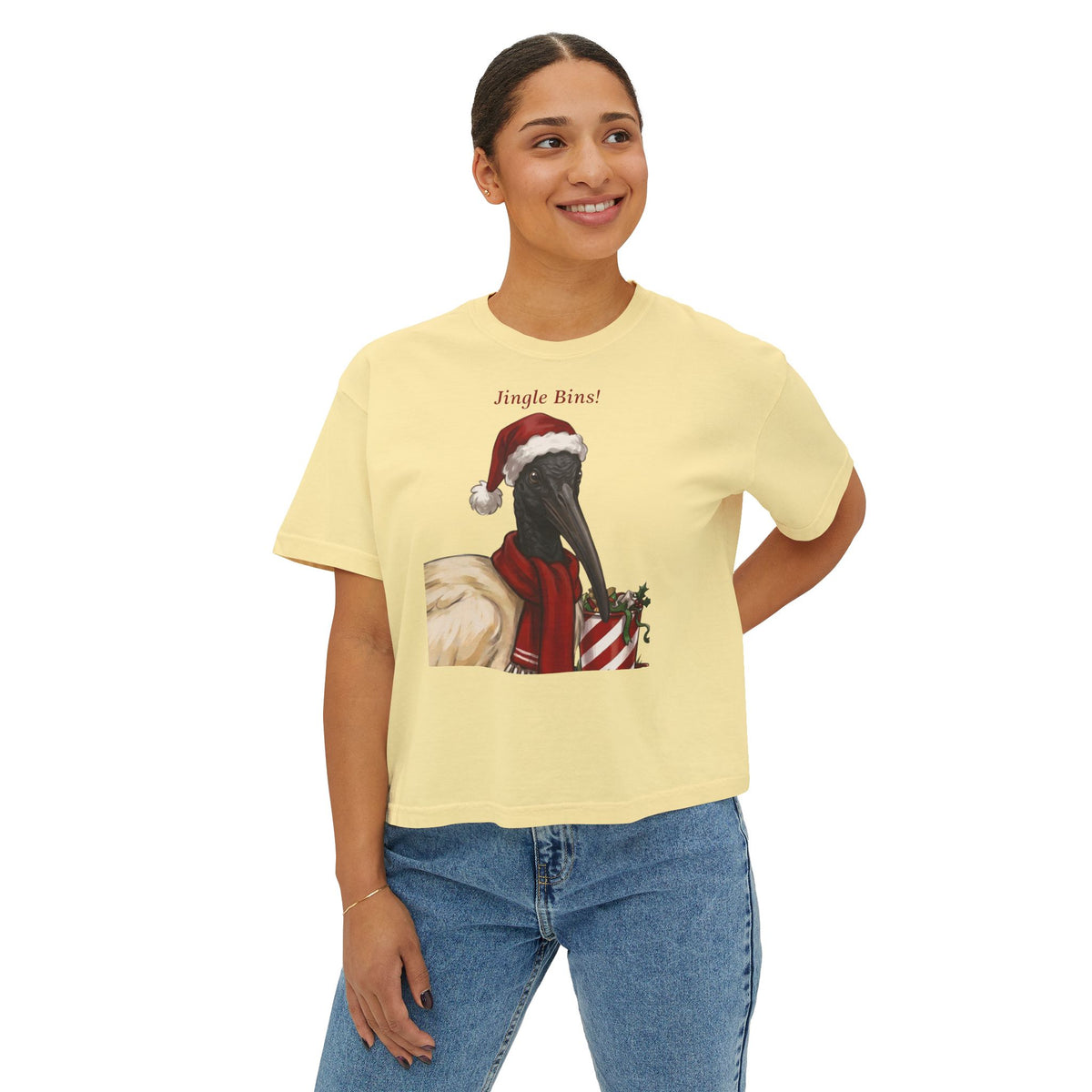 Butter yellow crewneck T-shirt with front “Jingle Bins!” crow in Santa hat illustration