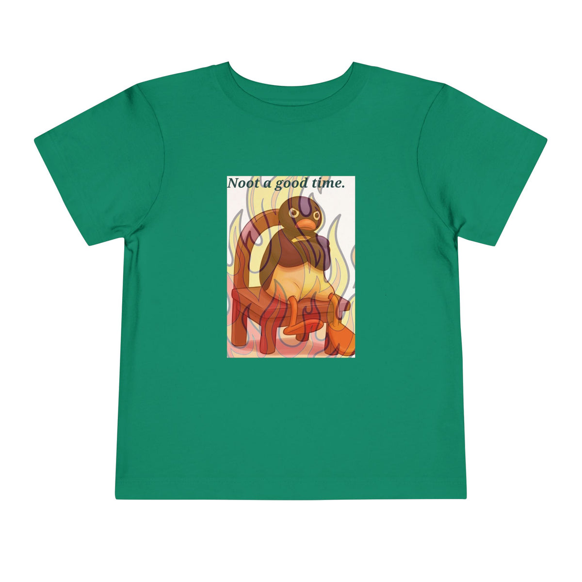 Green toddler graphic tee with flaming cat and "Need a good time." text
