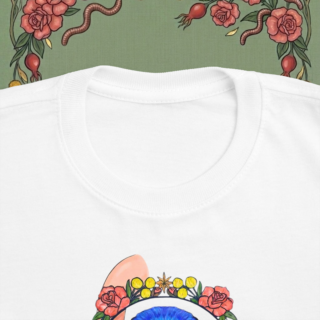 White toddler T-shirt crew neck with floral wreath earth-and-hands graphic detail