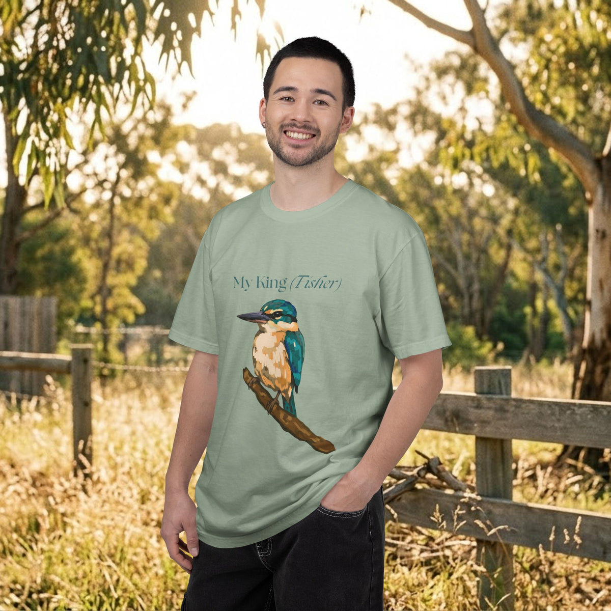 Green kingfisher graphic T-shirt, crew neck short sleeves on model
