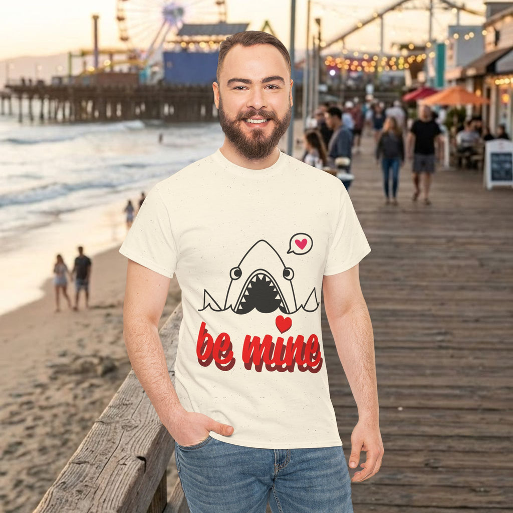 Light cream T-shirt with shark illustration and red 'be mine' lettering with heart details.