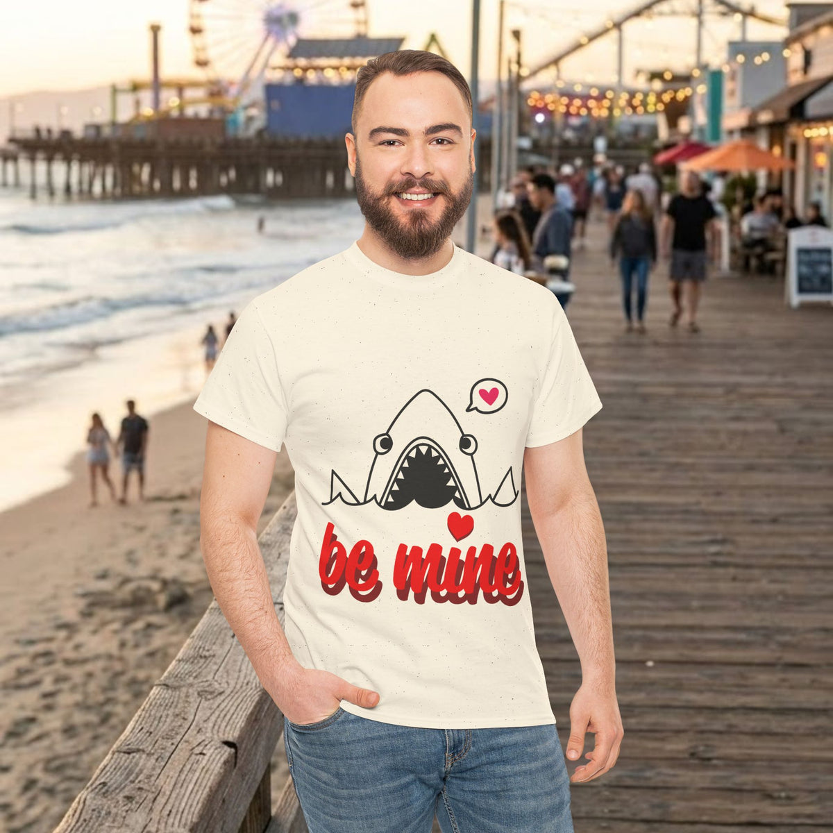 Light cream T-shirt with shark illustration and red 'be mine' lettering with heart details.