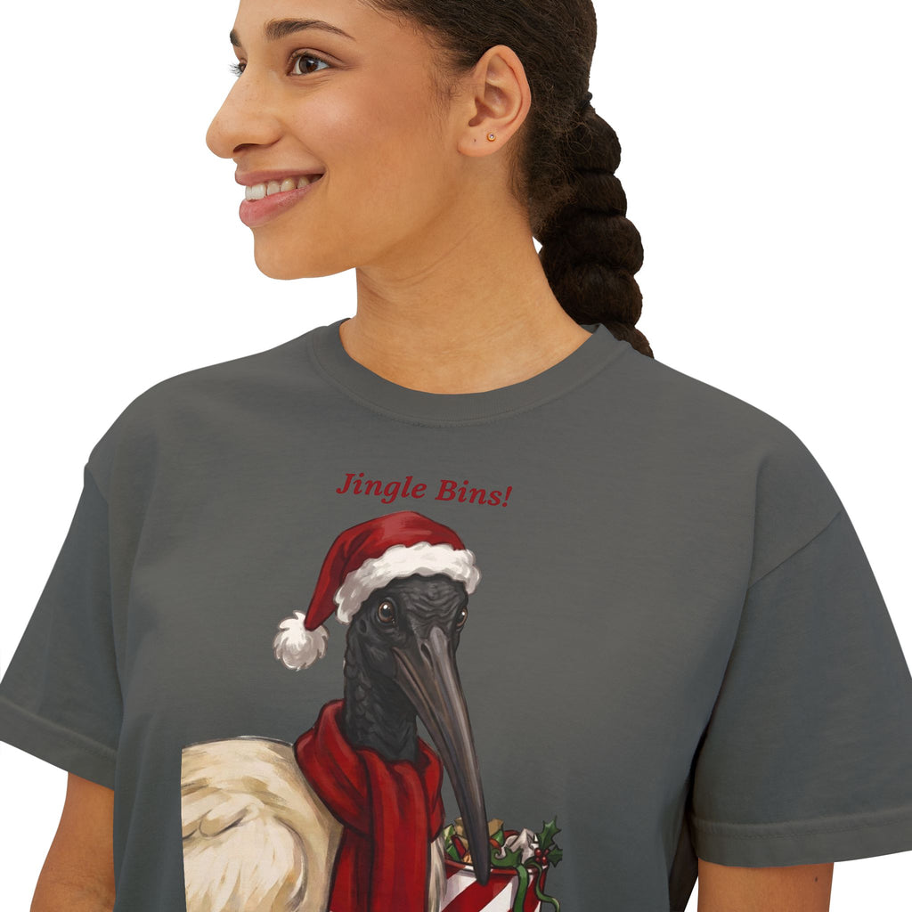 Dark gray T-shirt close-up: “Jingle Bins!” text with crow wearing Santa hat