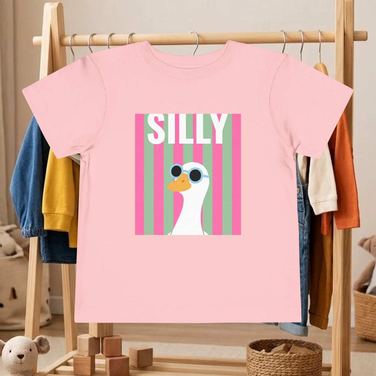 Pink toddler graphic tee with 'SILLY' duck sunglasses square front print