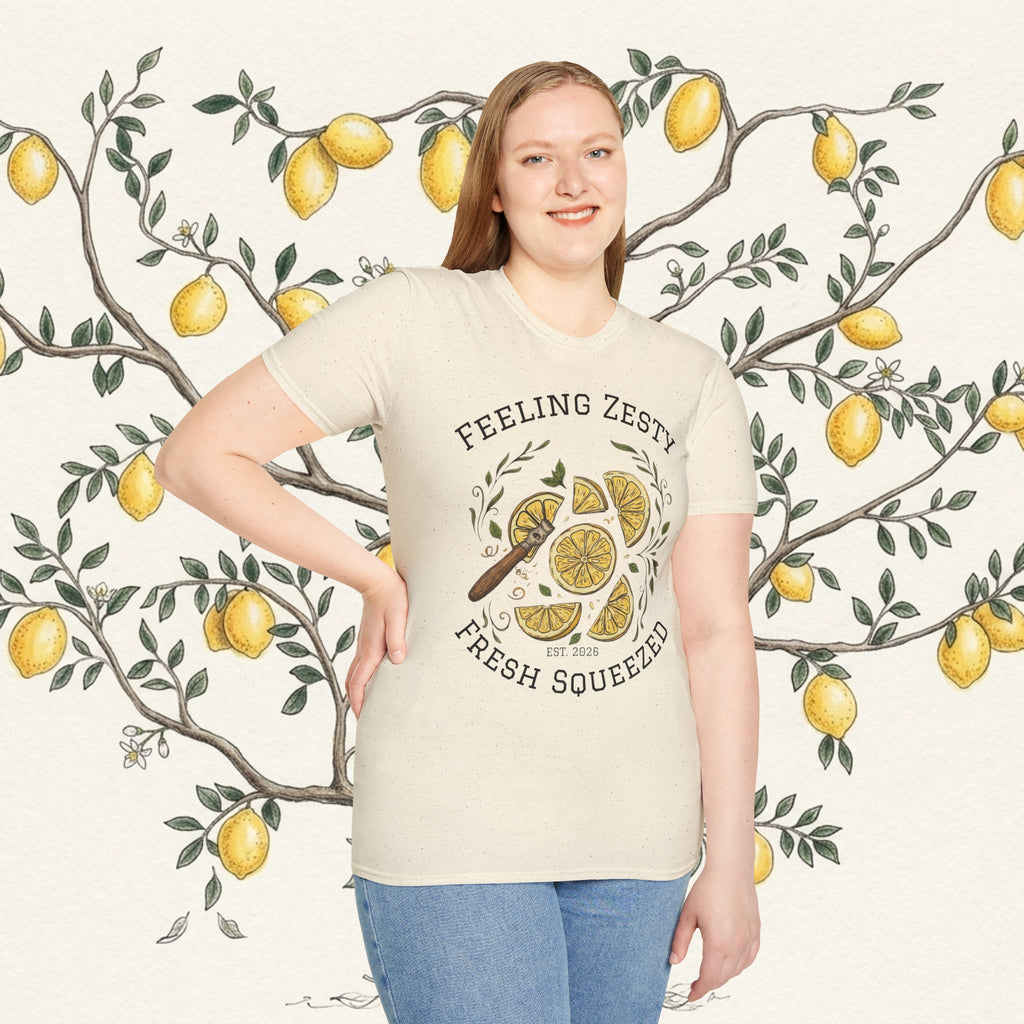 Cream short-sleeve graphic tee with lemon slice and “Feeling Zesty” text