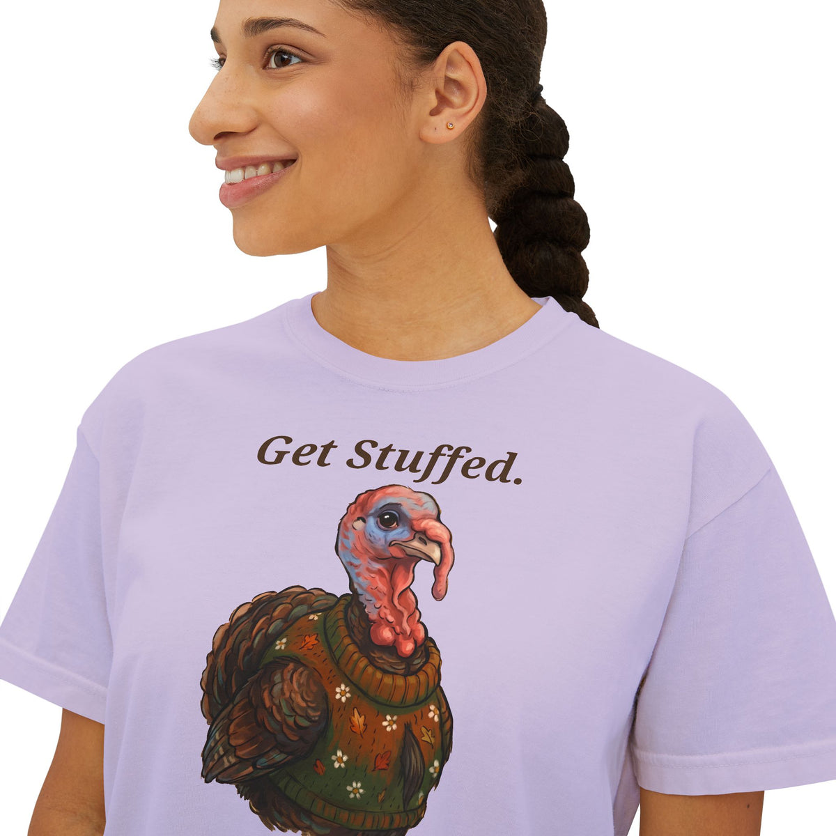 Orchid crewneck T-shirt with "Get Stuffed." turkey graphic on front.
