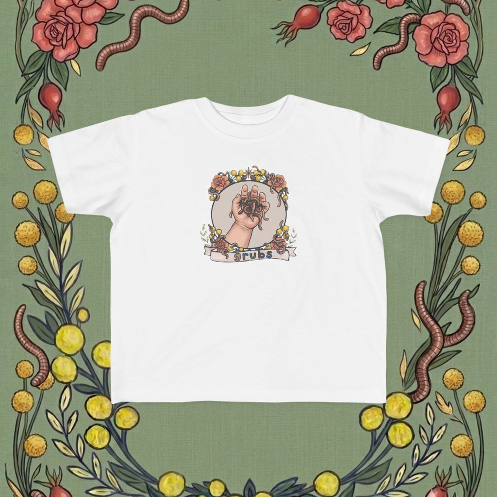 White toddler crew-neck T-shirt with colorful floral crest graphic on front.