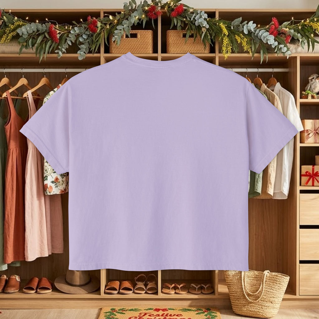 Lavender crewneck T-shirt, short sleeves, back view on a hanger