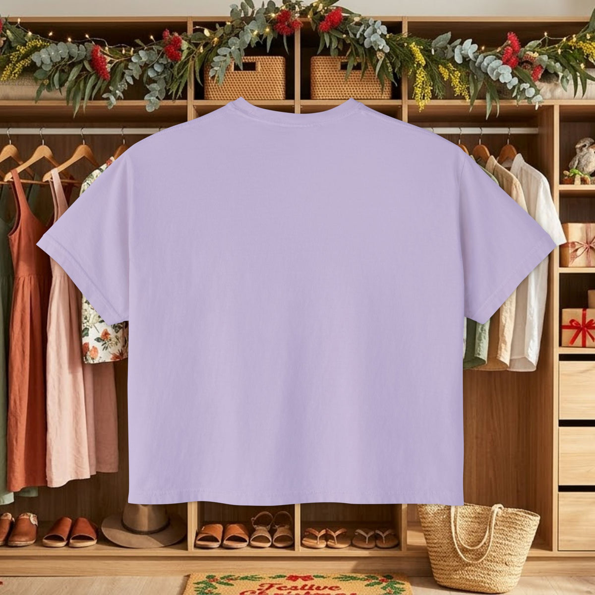 Lavender crewneck T-shirt, short sleeves, back view on a hanger
