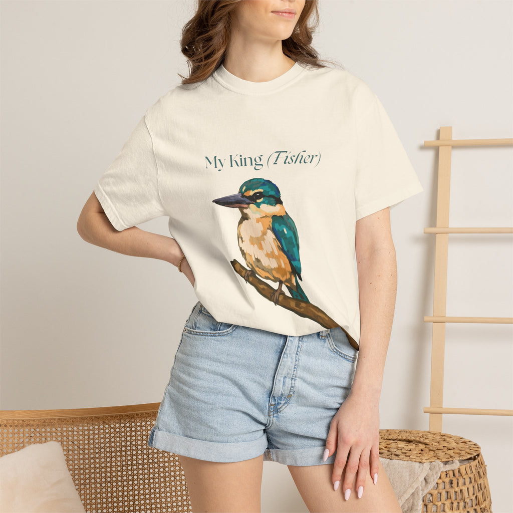 Off-white kingfisher bird graphic T-shirt on model, crew neck, short sleeves