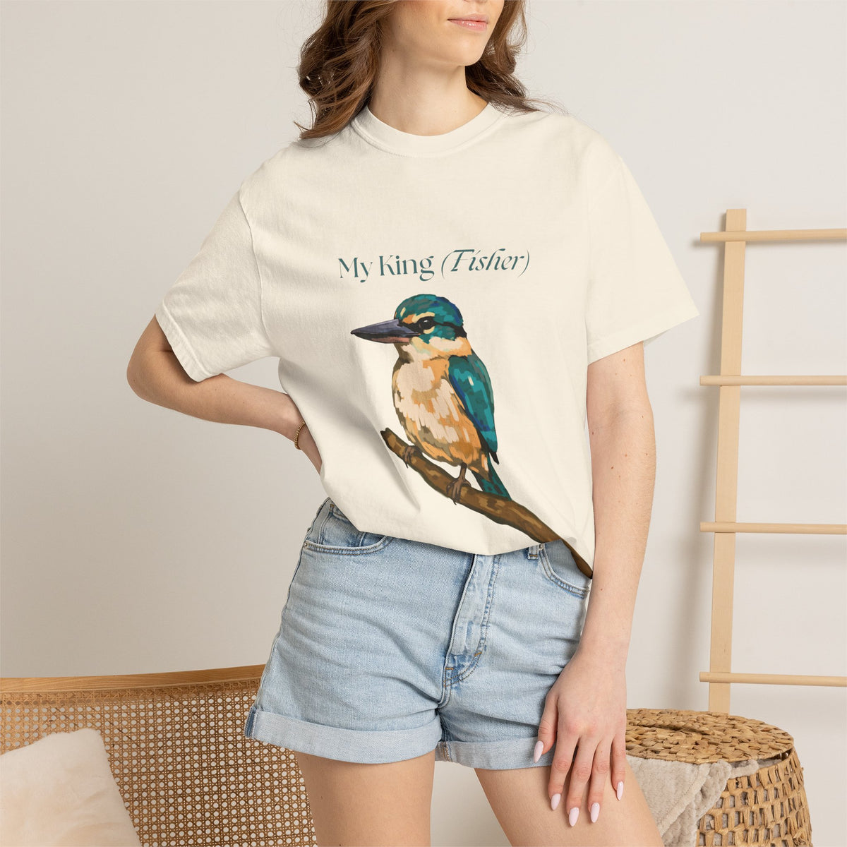 Off-white kingfisher bird graphic T-shirt on model, crew neck, short sleeves