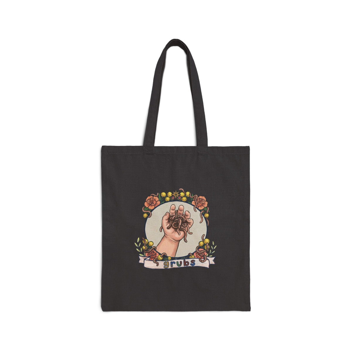 Black canvas tote bag with colorful hand-and-grubs graphic, long handles