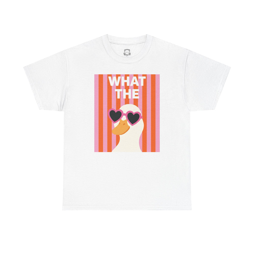 Flat lay white graphic cotton tee with "WHAT THE" heart sunglasses artwork