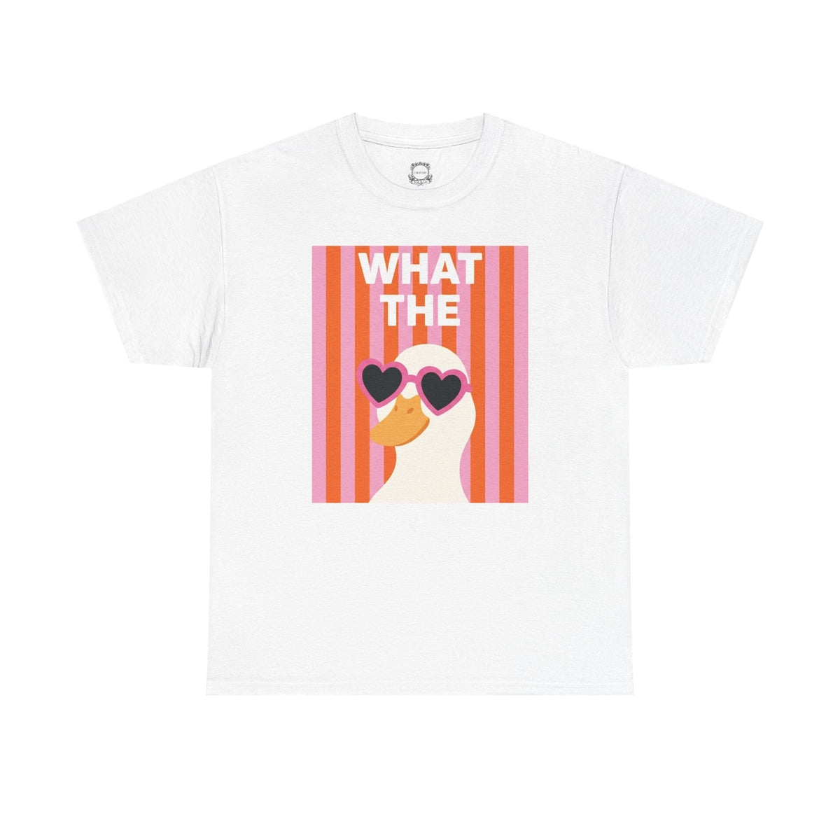 Flat lay white graphic cotton tee with "WHAT THE" heart sunglasses artwork
