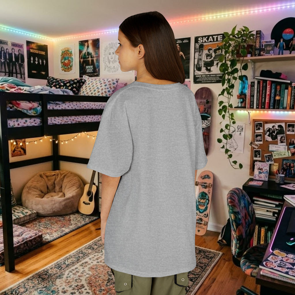 Kids heather gray graphic tee, back view