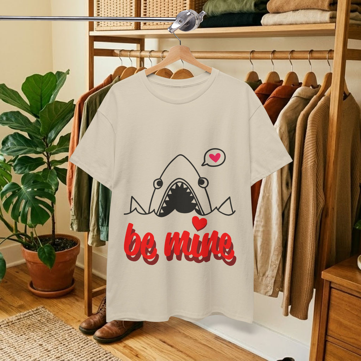 Light T-shirt with shark graphic and heart; “be mine” text print