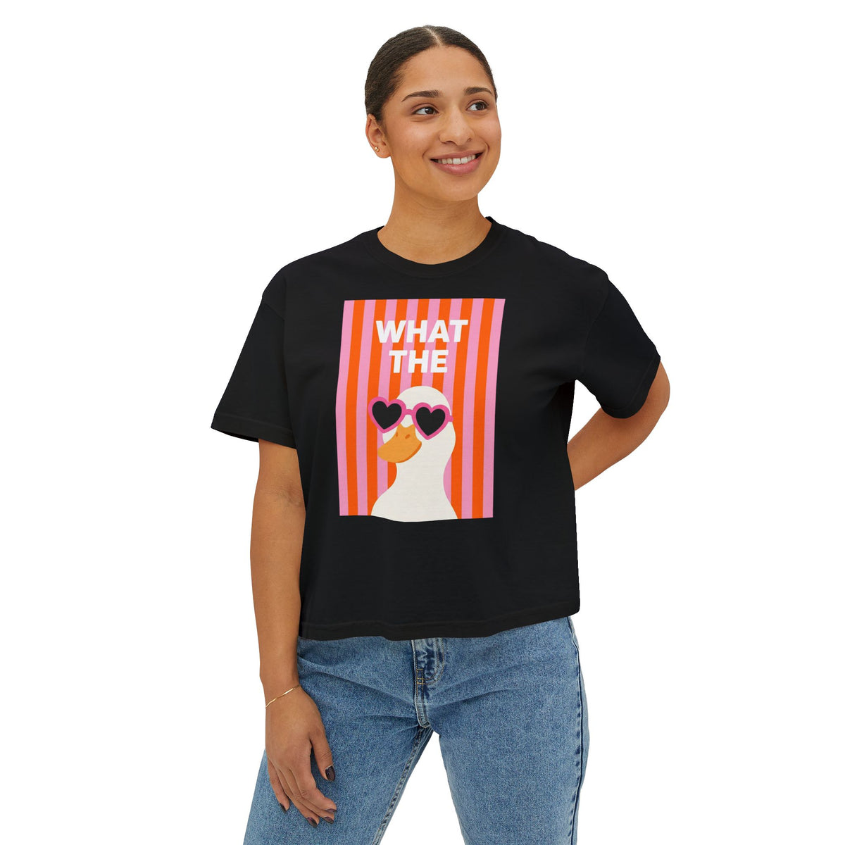 Women's black boxy crop T-shirt with duck graphic on the front