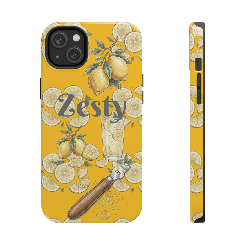 Yellow tough phone case with citrus illustration; matching side rail and camera cutouts.