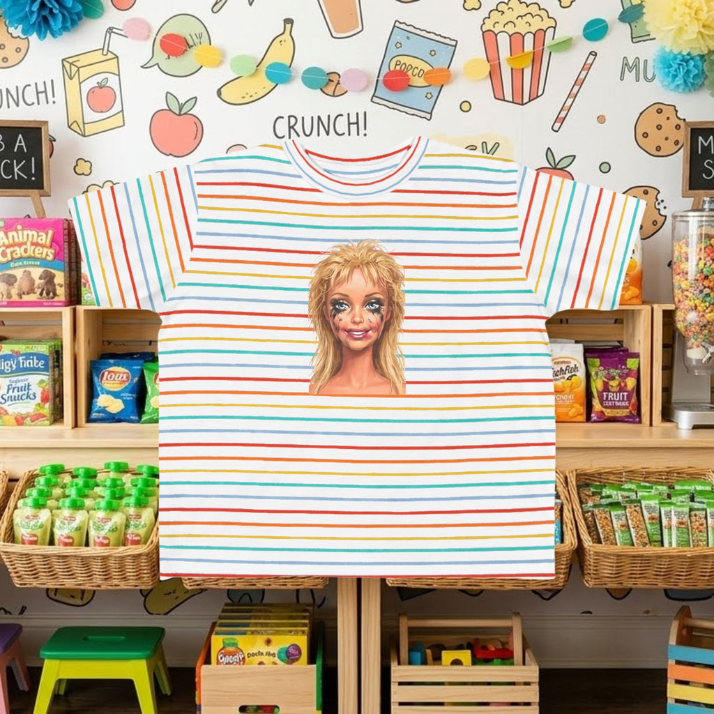 Toddler graphic T-shirt, multicolor stripe with smudged doll face portrait print
