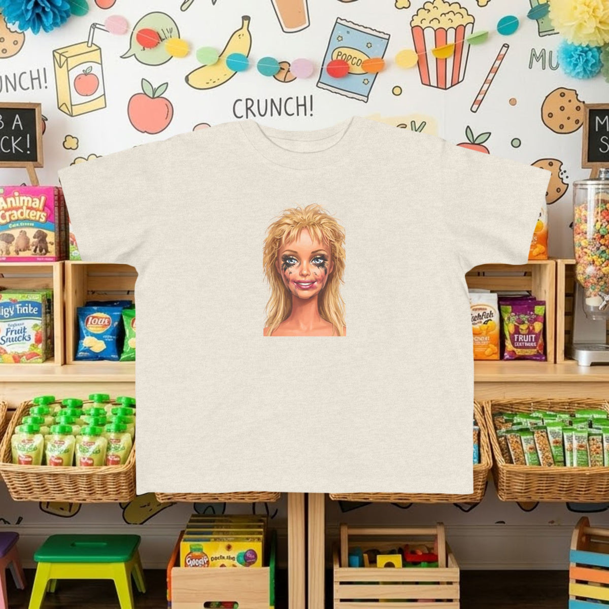 Toddler graphic T-shirt, light cream with smudged doll face portrait print