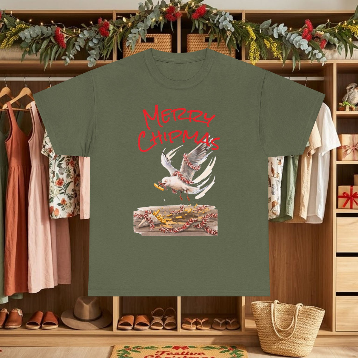 Forest green Christmas graphic T-shirt with "Merry Chipmas" seagull illustration